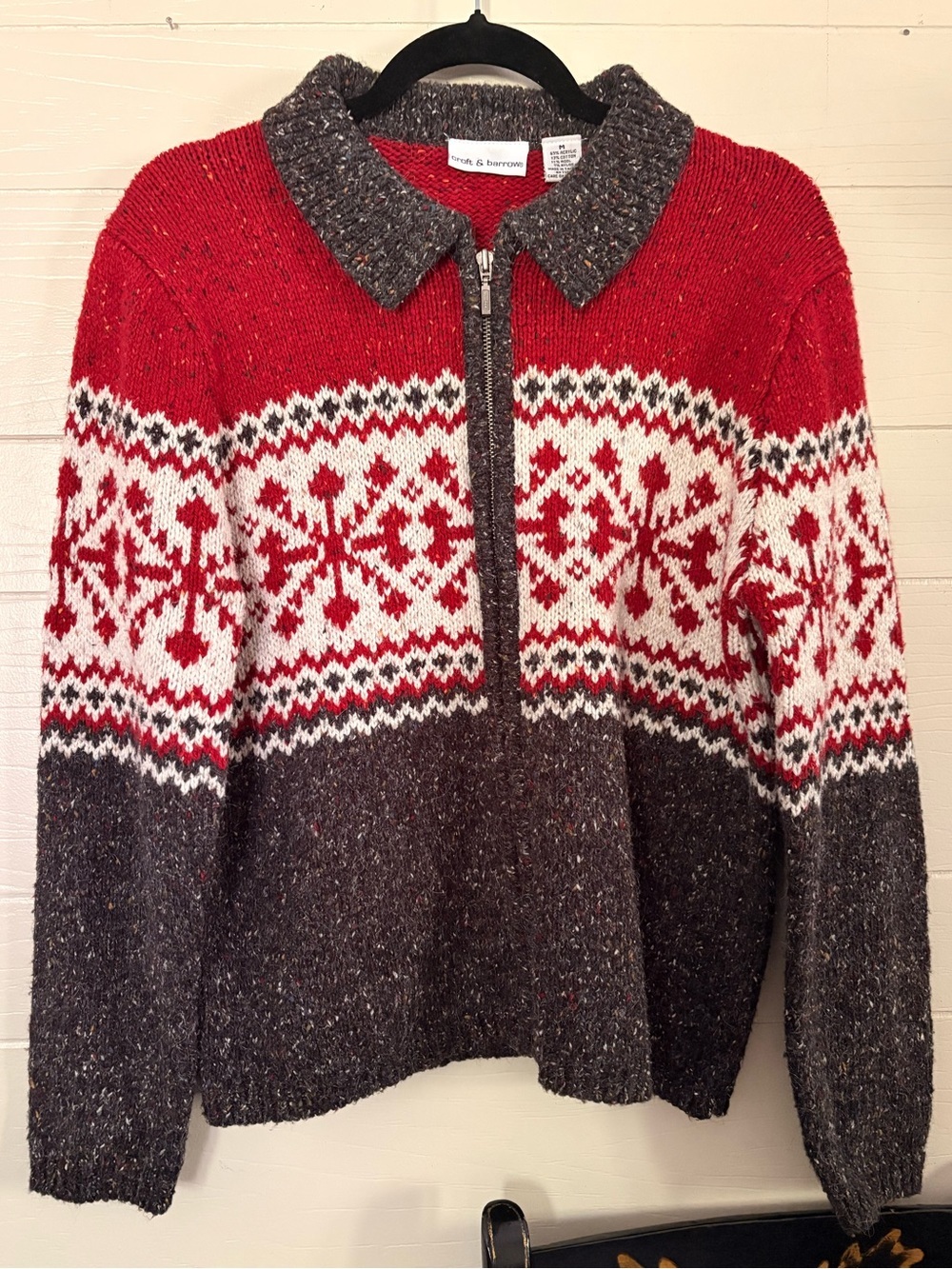Croft & Barrow Fair Isle Nordic Red, White & Gray Zip Woman’s Cardigan Sweater M
